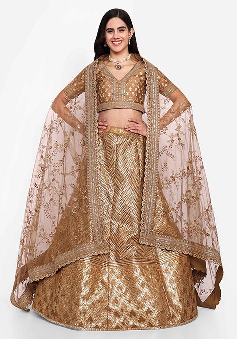 Brown Thread Zari Embroidered Slub Silk Lehenga Set