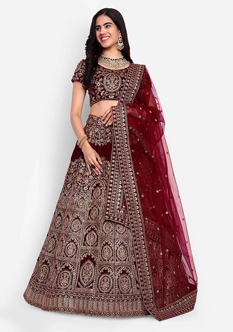 Red Thread Zari Embroidered Velvet Lehenga Set