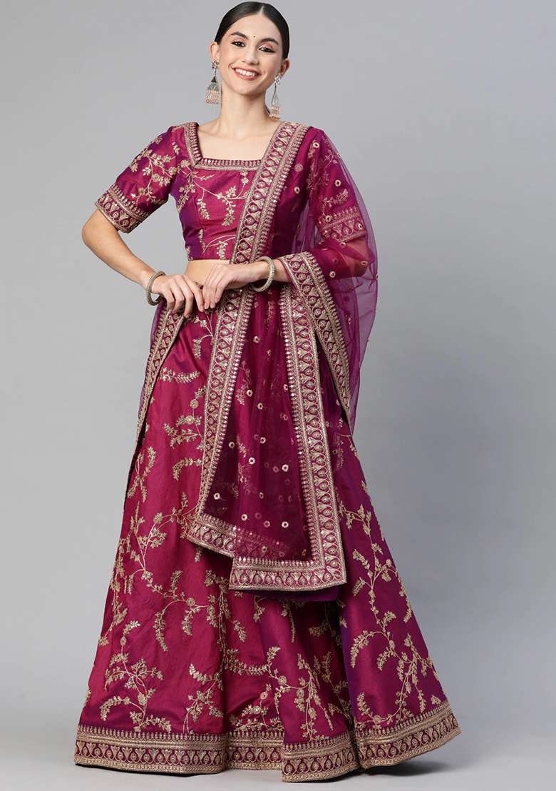 Purple Thread Zari Embroidered Art Silk Blend Lehenga Set for Diwali and Festive Wear - Indya