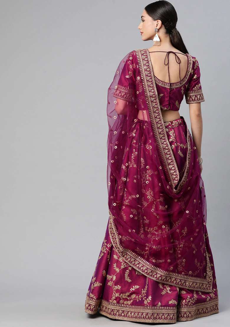 Purple Thread Zari Embroidered Art Silk Blend Lehenga Set for Diwali and Festive Wear - Indya