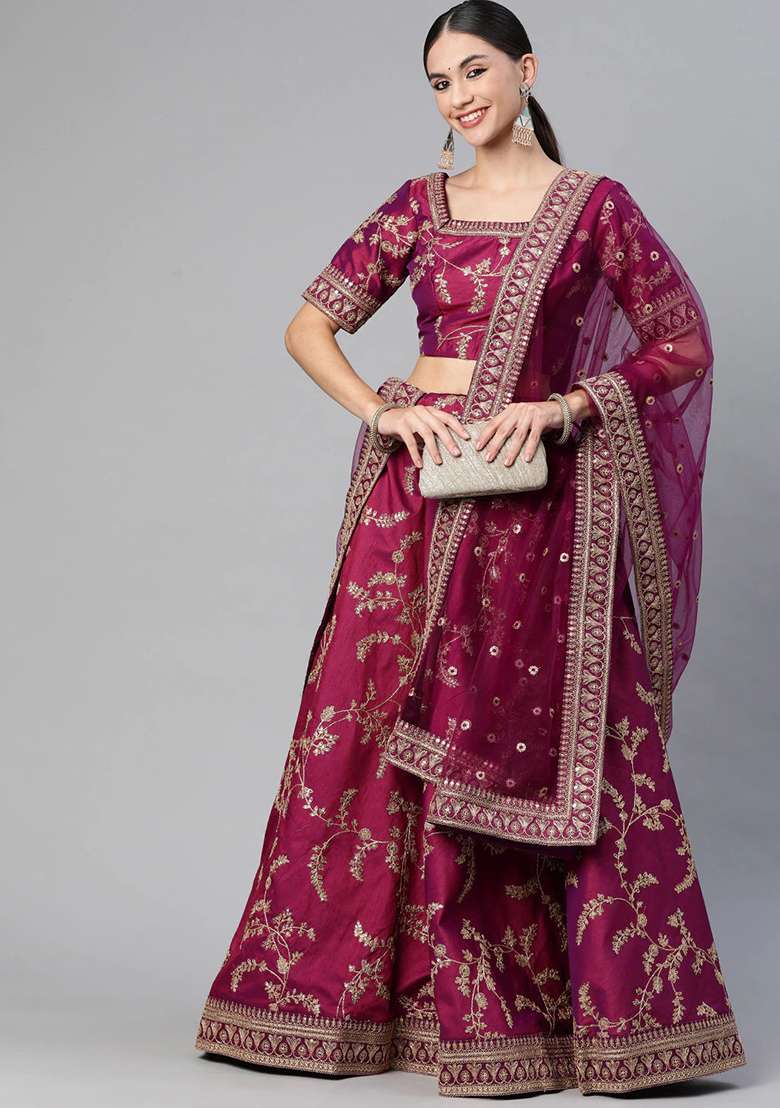 Purple Thread Zari Embroidered Art Silk Blend Lehenga Set for Diwali and Festive Wear - Indya