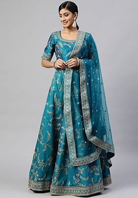 Teal Blue Thread Zari Embroidered Art Silk Lehenga Set