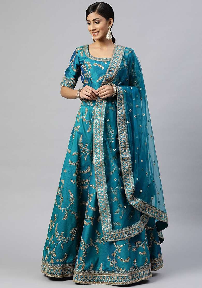 Teal Blue Thread Zari Blend Art Silk Lehenga Set with Embroidered for Diwali | Wedding & Festive Wear - Indya