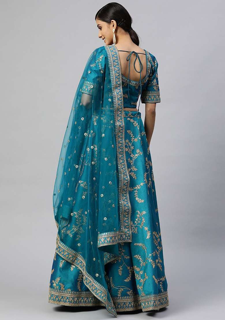 Teal Blue Thread Zari Blend Art Silk Lehenga Set with Embroidered for Diwali | Wedding & Festive Wear - Indya