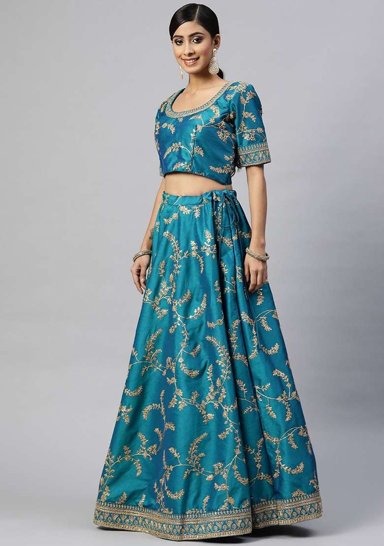 Teal Blue Thread Zari Blend Art Silk Lehenga Set with Embroidered for Diwali | Wedding & Festive Wear - Indya