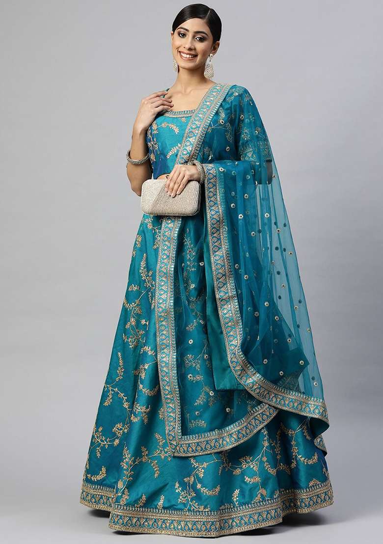 Teal Blue Thread Zari Blend Art Silk Lehenga Set with Embroidered for Diwali | Wedding & Festive Wear - Indya