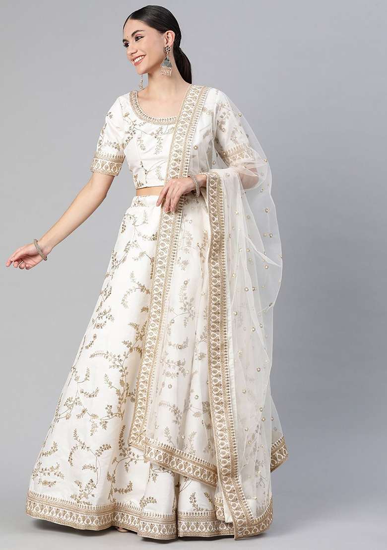 White Thread Zari Blend Art Silk Lehenga Set with Embroidered for Diwali | Wedding & Festive Wear - Indya