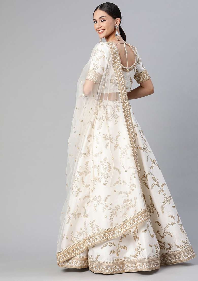 White Thread Zari Blend Art Silk Lehenga Set with Embroidered for Diwali | Wedding & Festive Wear - Indya