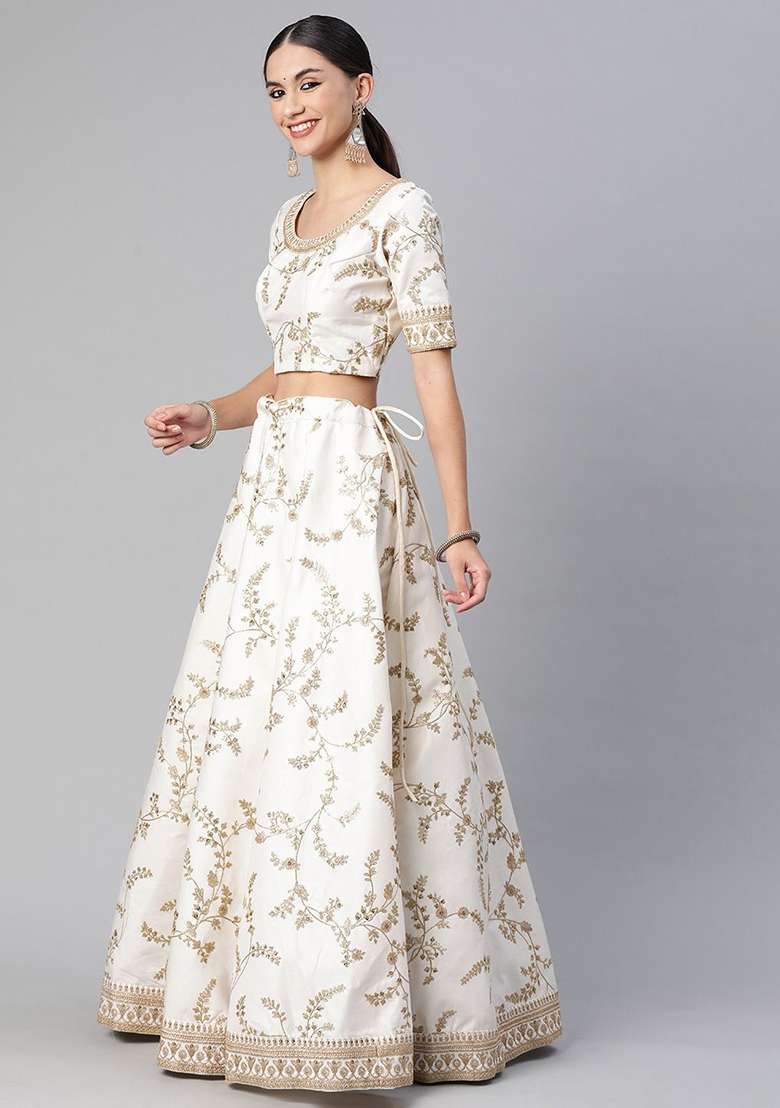 White Thread Zari Blend Art Silk Lehenga Set with Embroidered for Diwali | Wedding & Festive Wear - Indya
