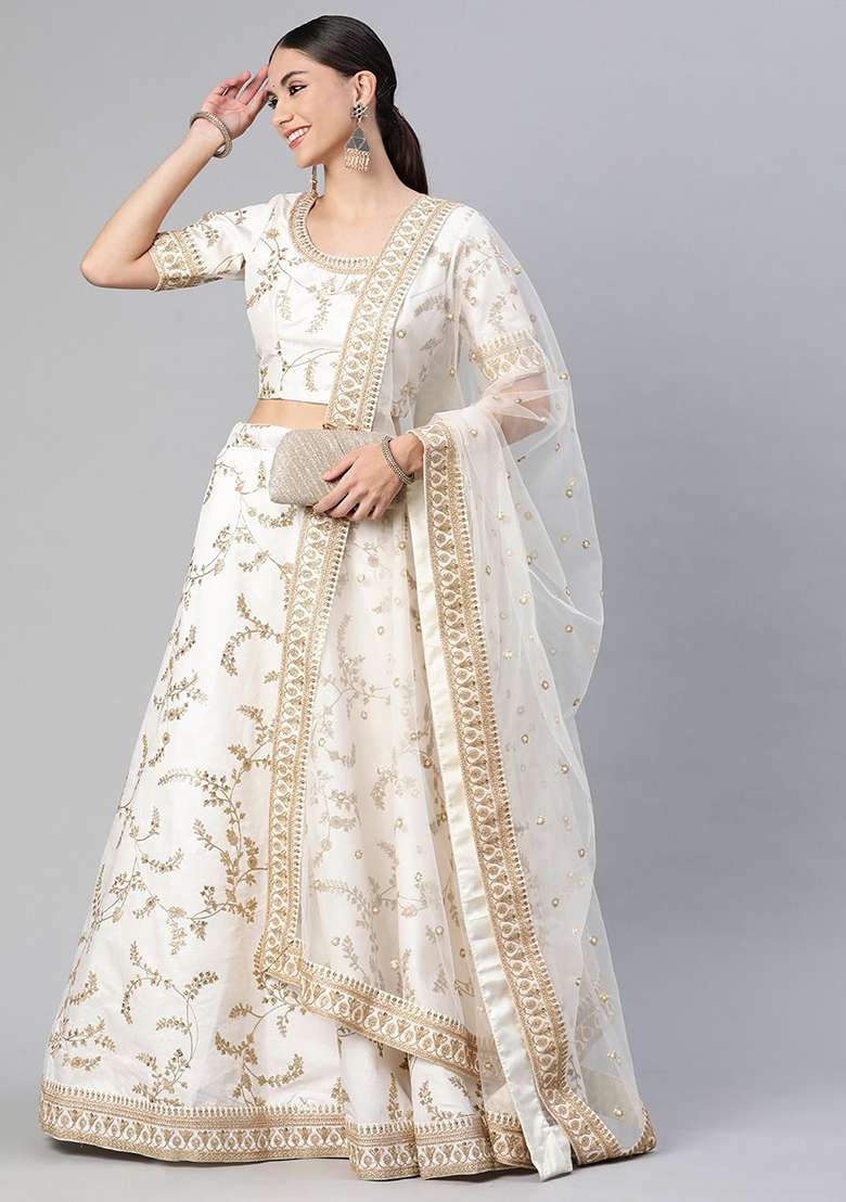 White Thread Zari Blend Art Silk Lehenga Set with Embroidered for Diwali | Wedding & Festive Wear - Indya