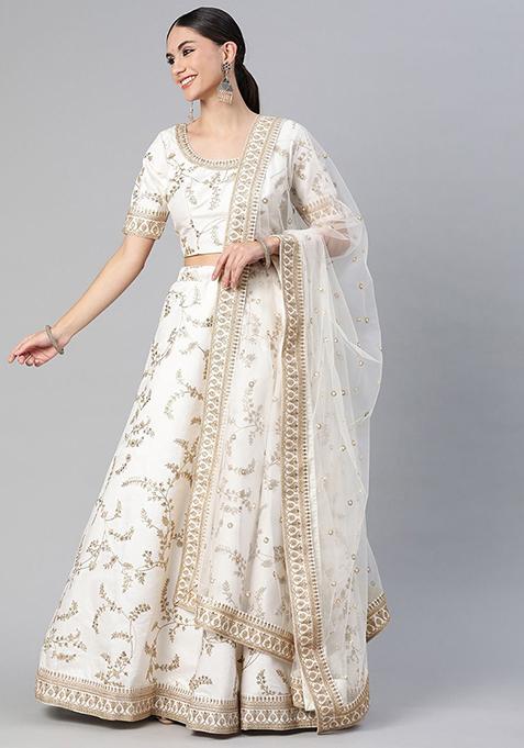 White Thread Zari Embroidered Art Silk Lehenga Set