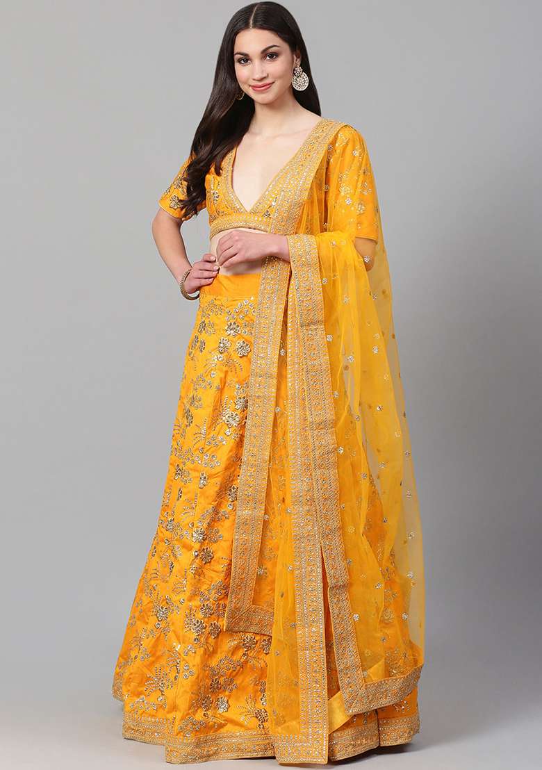 Yellow Zari Sequin Embroidered Slub Silk Blend Lehenga Set for Diwali and Festive Wear - Indya