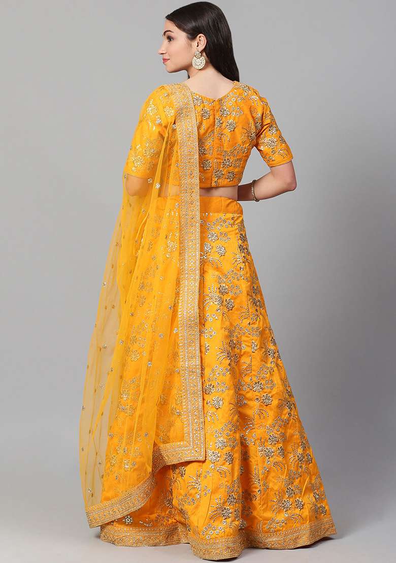 Yellow Zari Sequin Embroidered Slub Silk Blend Lehenga Set for Diwali and Festive Wear - Indya