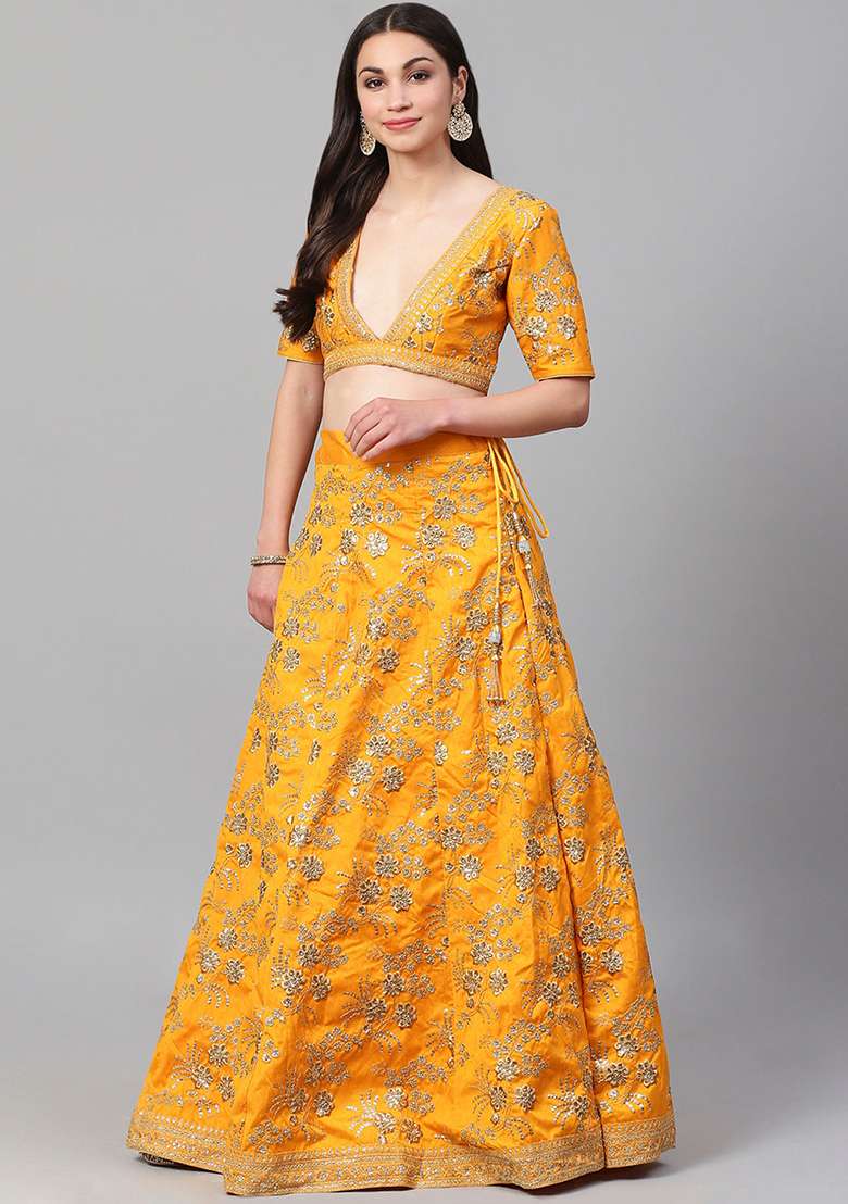 Yellow Zari Sequin Embroidered Slub Silk Blend Lehenga Set for Diwali and Festive Wear - Indya