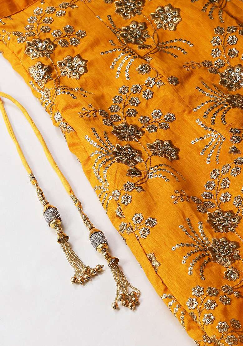 Yellow Zari Sequin Embroidered Slub Silk Blend Lehenga Set for Diwali and Festive Wear - Indya