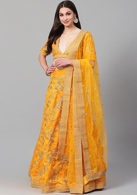 Yellow Zari Sequin Embroidered Slub Silk Lehenga Set