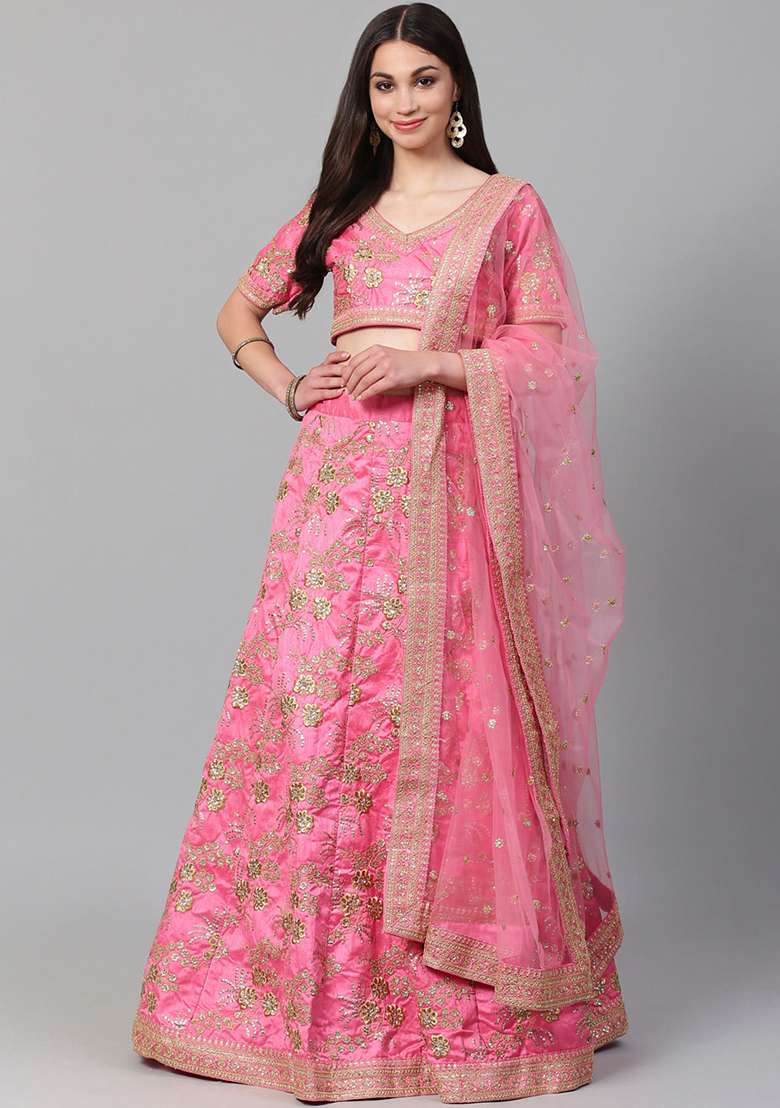 Pink Zari Sequin Embroidered Slub Silk Blend Lehenga Set for Diwali and Festive Wear - Indya