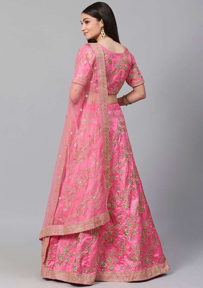 Pink Zari Sequin Embroidered Slub Silk Blend Lehenga Set for Diwali and Festive Wear - Indya
