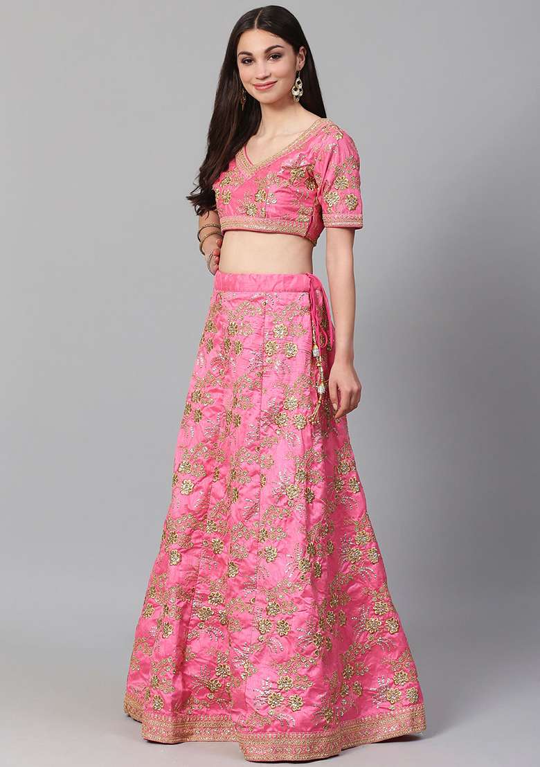Pink Zari Sequin Embroidered Slub Silk Blend Lehenga Set for Diwali and Festive Wear - Indya