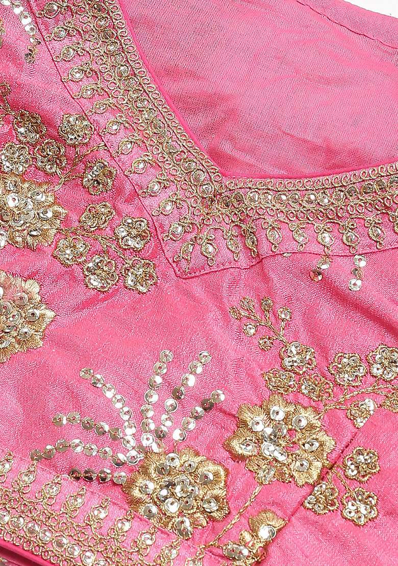 Pink Zari Sequin Embroidered Slub Silk Blend Lehenga Set for Diwali and Festive Wear - Indya