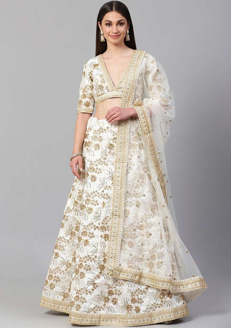 White Zari Slub Silk Blend Lehenga Set with Embroidered & Sequin for Diwali | Wedding & Festive Wear - Indya