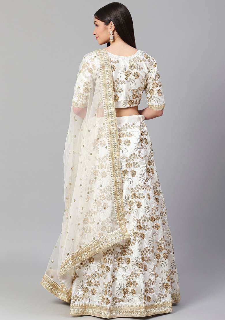 White Zari Slub Silk Blend Lehenga Set with Embroidered & Sequin for Diwali | Wedding & Festive Wear - Indya