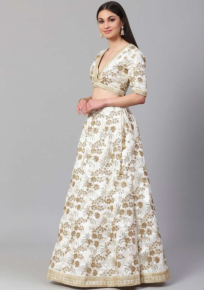 White Zari Slub Silk Blend Lehenga Set with Embroidered & Sequin for Diwali | Wedding & Festive Wear - Indya