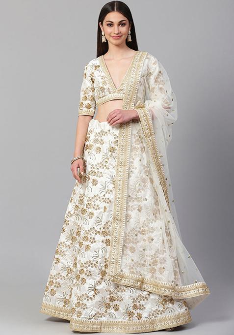 White Zari Sequin Embroidered Slub Silk Lehenga Set