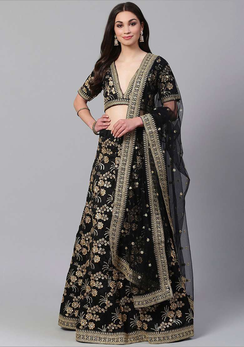 Black Zari Slub Silk Blend Lehenga Set with Embroidered & Sequin for Diwali | Wedding & Festive Wear - Indya