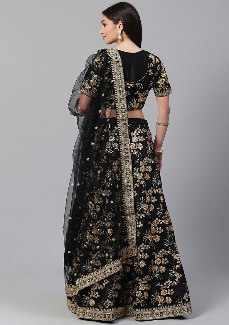 Black Zari Sequin Embroidered Slub Silk Lehenga Set - Indya