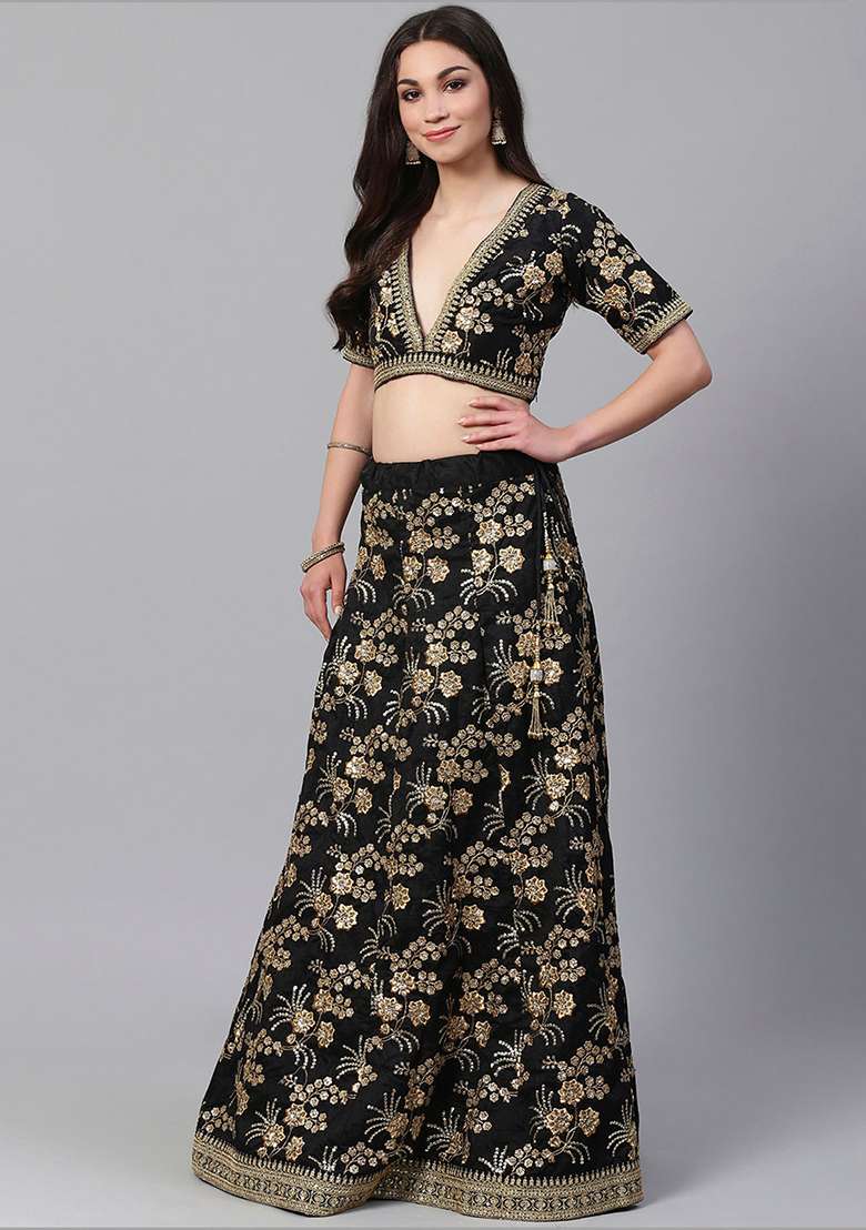 Black Zari Slub Silk Blend Lehenga Set with Embroidered & Sequin for Diwali | Wedding & Festive Wear - Indya