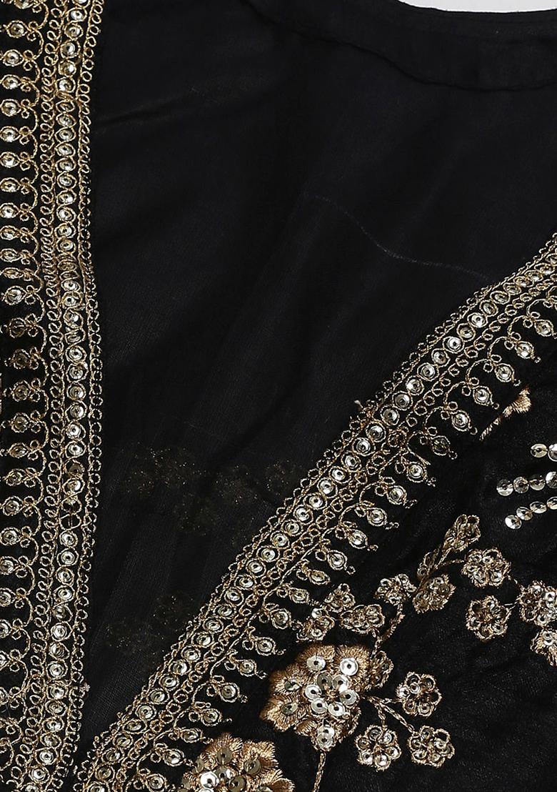 Black Zari Sequin Embroidered Slub Silk Lehenga Set - Indya