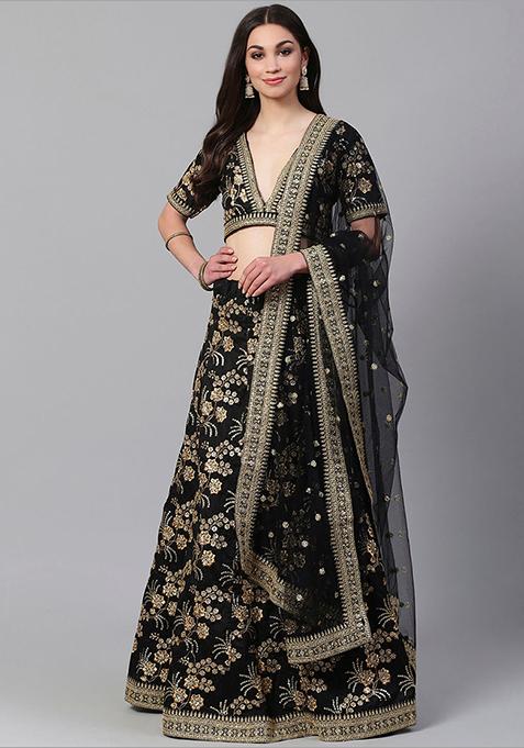 Black Zari Sequin Embroidered Slub Silk Lehenga Set