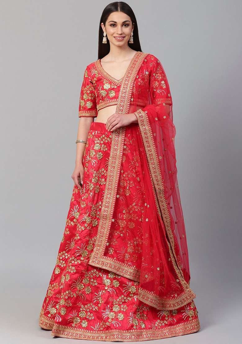 Red Zari Sequin Embroidered Slub Silk Blend Lehenga Set for Diwali and Festive Wear - Indya