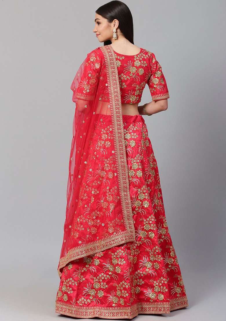 Red Zari Sequin Embroidered Slub Silk Blend Lehenga Set for Diwali and Festive Wear - Indya