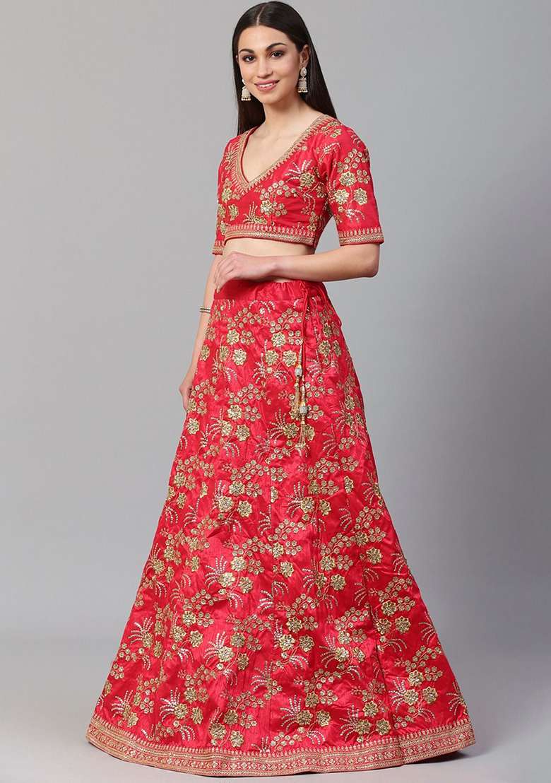 Red Zari Sequin Embroidered Slub Silk Blend Lehenga Set for Diwali and Festive Wear - Indya