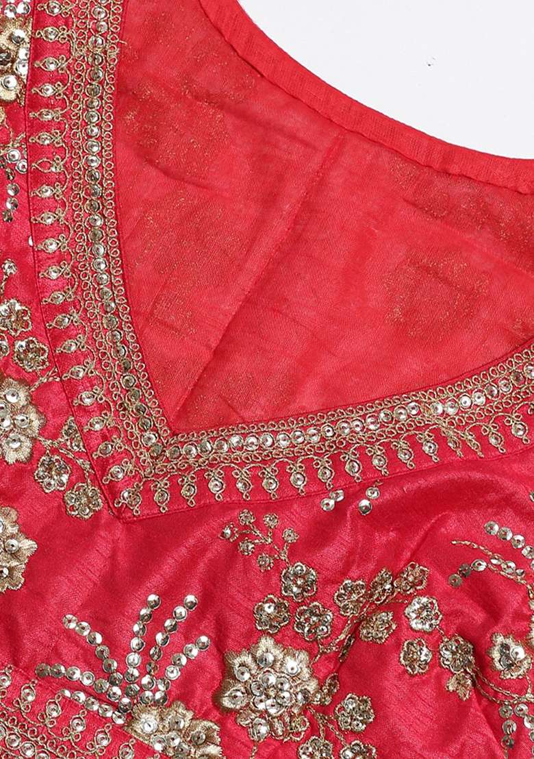 Red Zari Sequin Embroidered Slub Silk Blend Lehenga Set for Diwali and Festive Wear - Indya