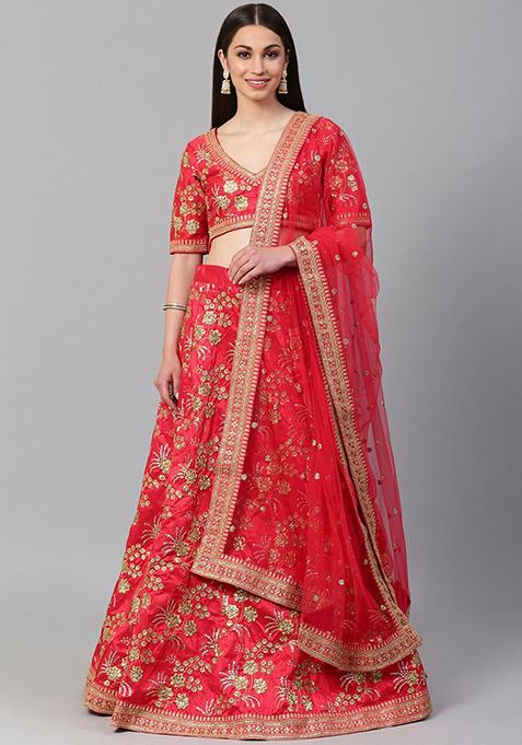 Red Zari Sequin Embroidered Slub Silk Lehenga Set