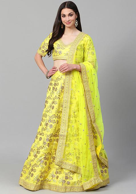 Neon Zari Sequin Embroidered Slub Silk Lehenga Set