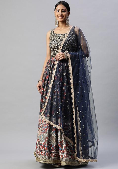 Blue Digital Print Embroidered Silk Lehenga Set