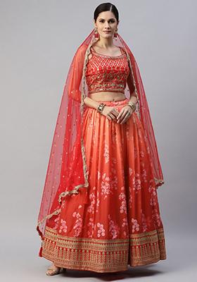 Orange Digital Print Embroidered Silk Lehenga Set