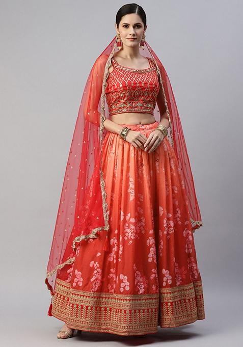 Orange Digital Print Embroidered Silk Lehenga Set