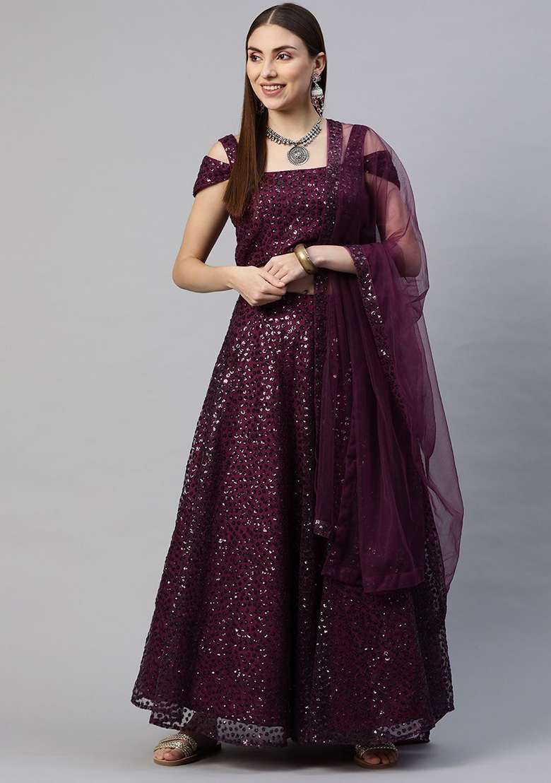 Purple Embroidered Net Lehenga Set for Diwali and Festive Wear - Indya