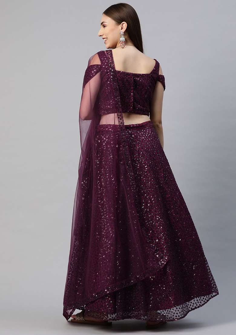 Purple Embroidered Net Lehenga Set for Diwali and Festive Wear - Indya