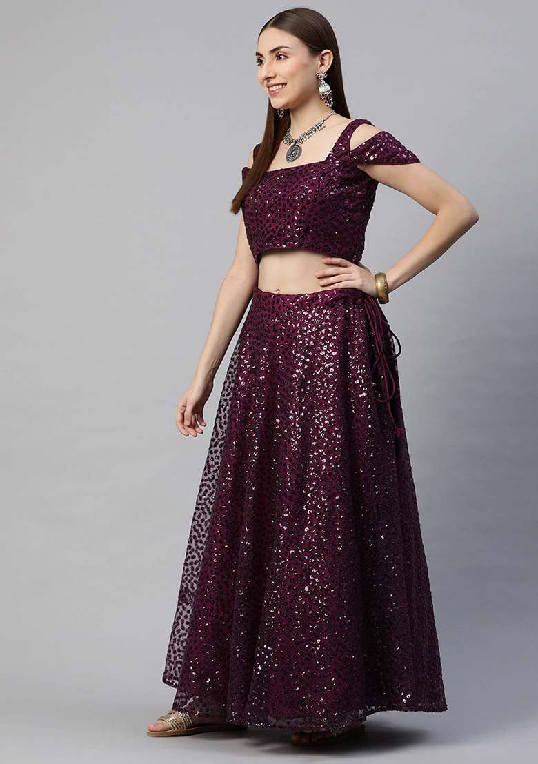 Purple Embroidered Net Lehenga Set for Diwali and Festive Wear - Indya