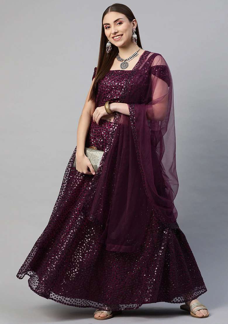 Purple Embroidered Net Lehenga Set for Diwali and Festive Wear - Indya