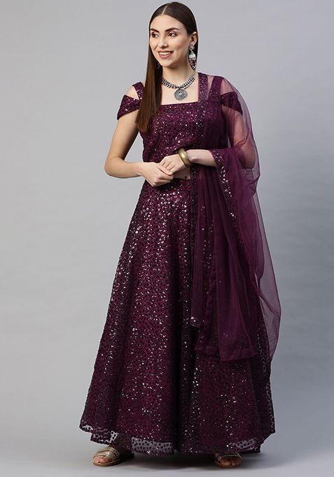 Purple Embroidered Net Lehenga Set