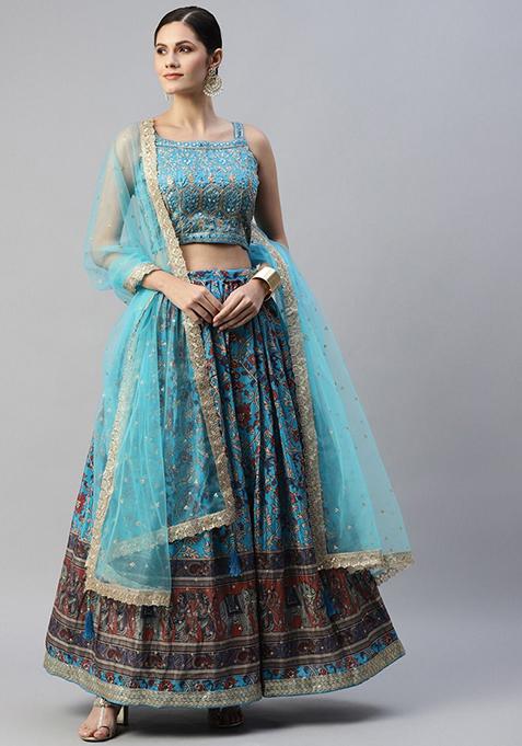 Sky Blue Digital Print Embroidered Banglory Silk Lehenga Set