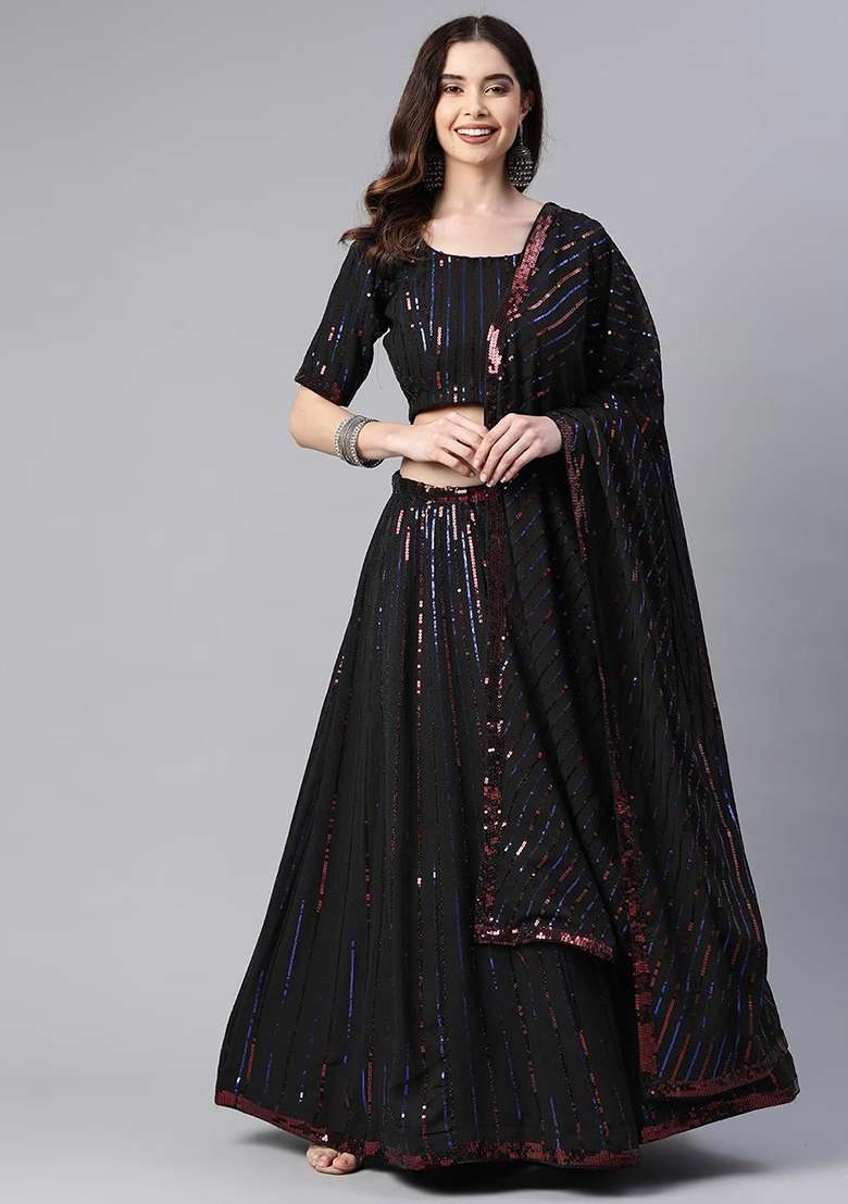 Black Sequin Embroidered Georgette Lehenga Set for Diwali and Festive Wear - Indya