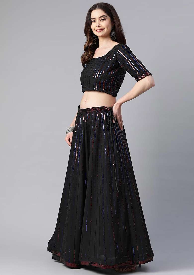 Black Sequin Embroidered Georgette Lehenga Set for Diwali and Festive Wear - Indya